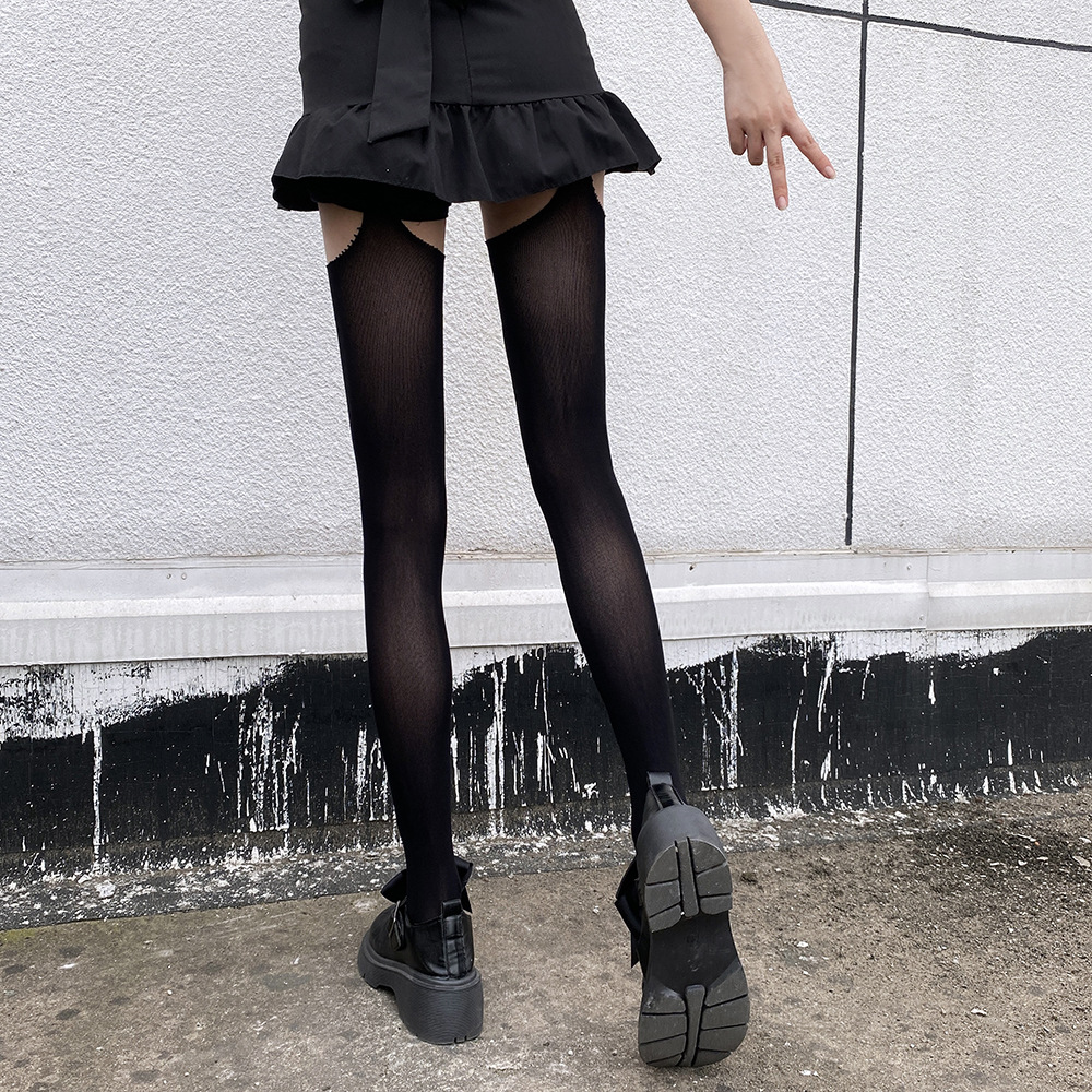 JK Socks Garter Stockings Internet Celebrity Ripped Summer Thin Japanese Style Pattern Long Tube Over-the-Knee Lolita Stockings For Women_voghion.com