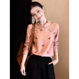 复古宫廷风粉色印花长袖衬衫女2026新款立领温柔气质显瘦独特上衣