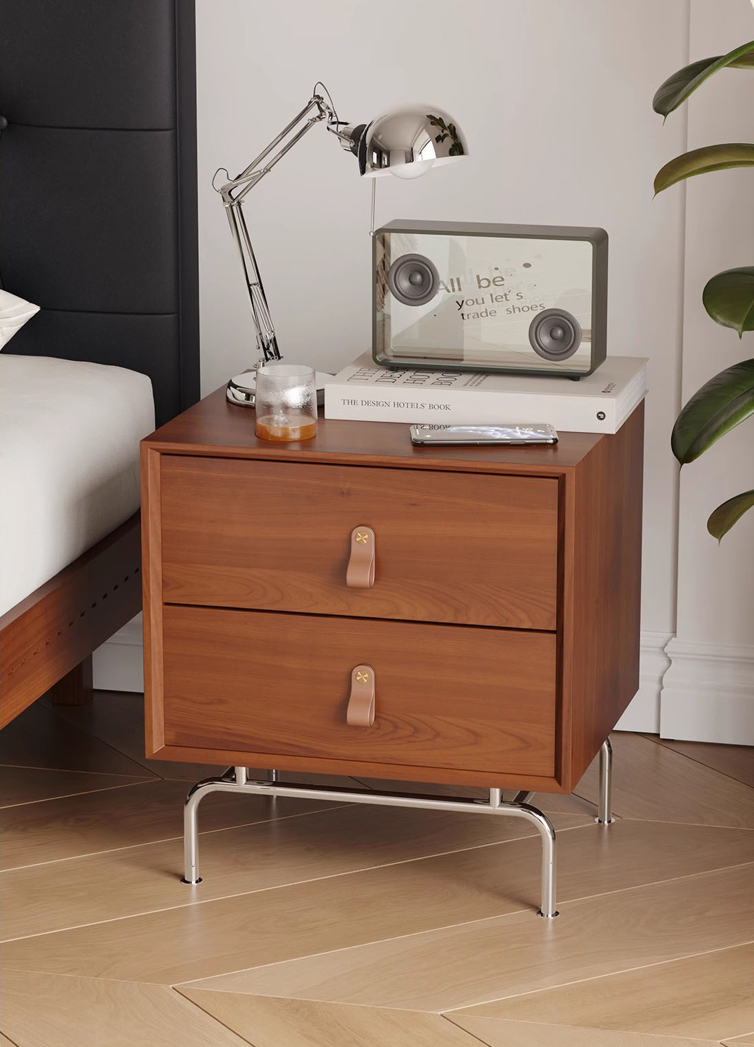 북유럽 단단한 나무 침대 옆 탁자 가구 작은 아파트 스테인리스 저장 측면 내각 침실 빈티지 저장 침대 옆 내각