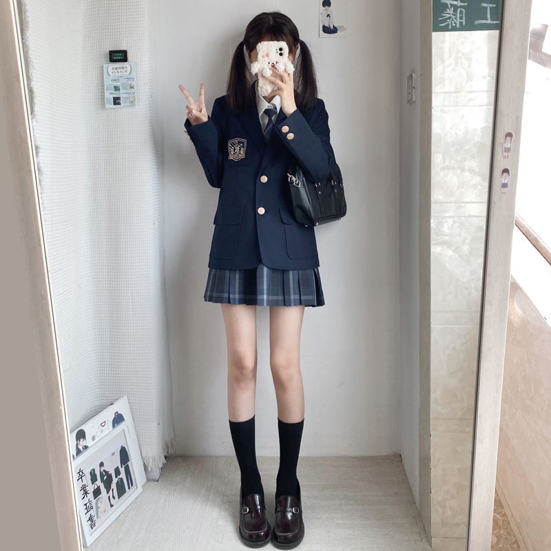 Suit Jacket Original Plaid Skirt Uniform Suit Two-Button Autumn and Winter College Style Waist Shirt Suit for Women