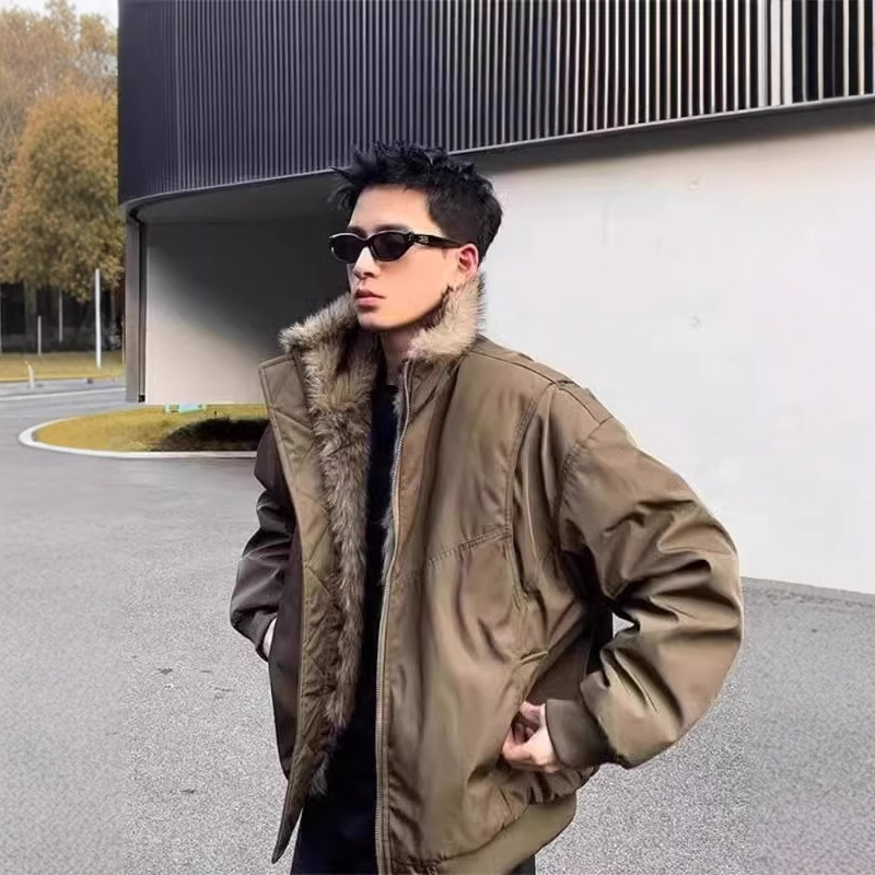 座山雕黑色立领工装棉衣男秋冬羊羔毛领加厚外套美式短款夹克棉服