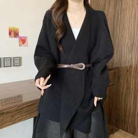 高级感慵懒风韩系黑色翻领针织外套女冬新款胖MM收腰显瘦气质毛衣