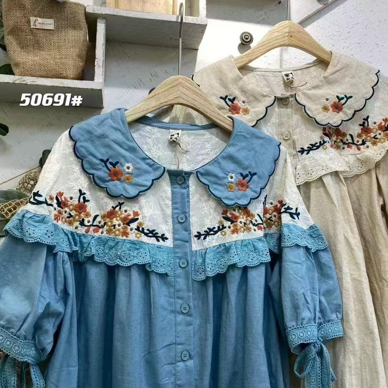 Summer New Japanese Mori Girl Retro Doll Collar Lace Embroidery Cotton Linen Short-Sleeve Shirt Top Women's Clothing