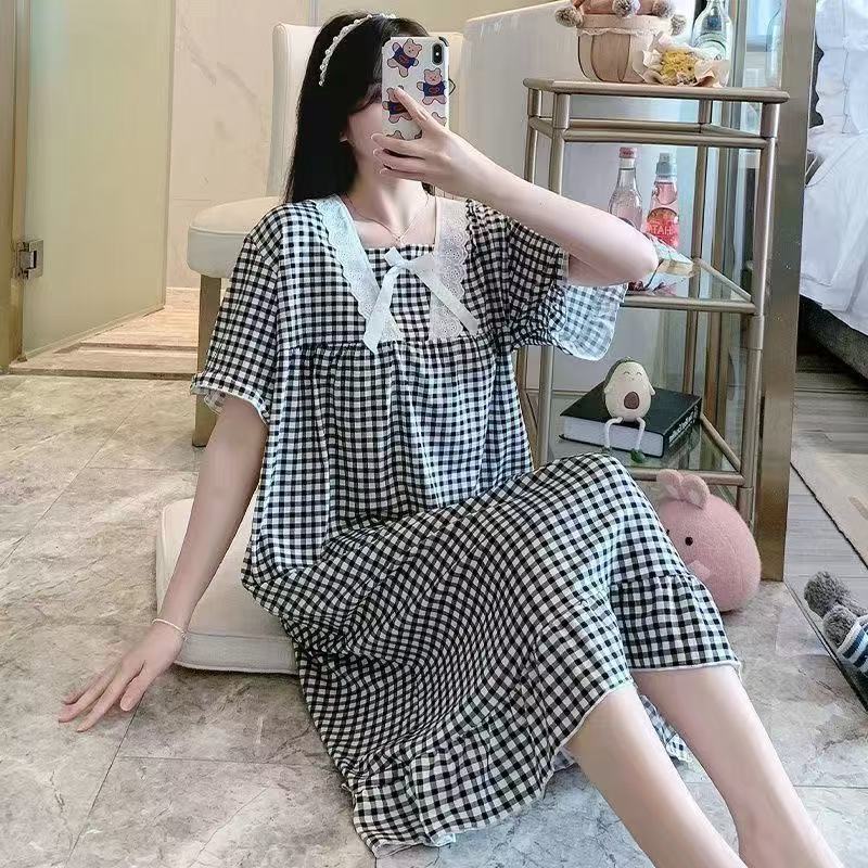 7761 # 블랙 체크 무늬 스퀘어 넥 나이트가운
