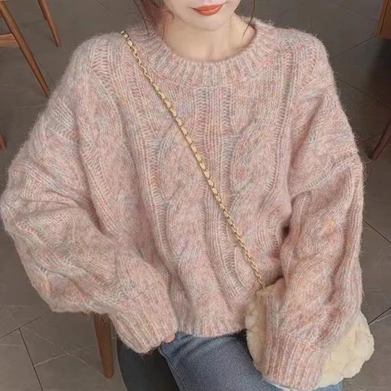 慵懒风毛衣女秋冬新款蓬松混色温柔外穿套头加厚针织衫上衣外套潮|undefined
