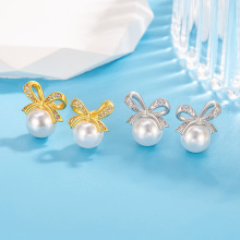 法式复古精致蝴蝶结珍珠耳钉 时尚简约百搭气质耳饰跨境货源批发