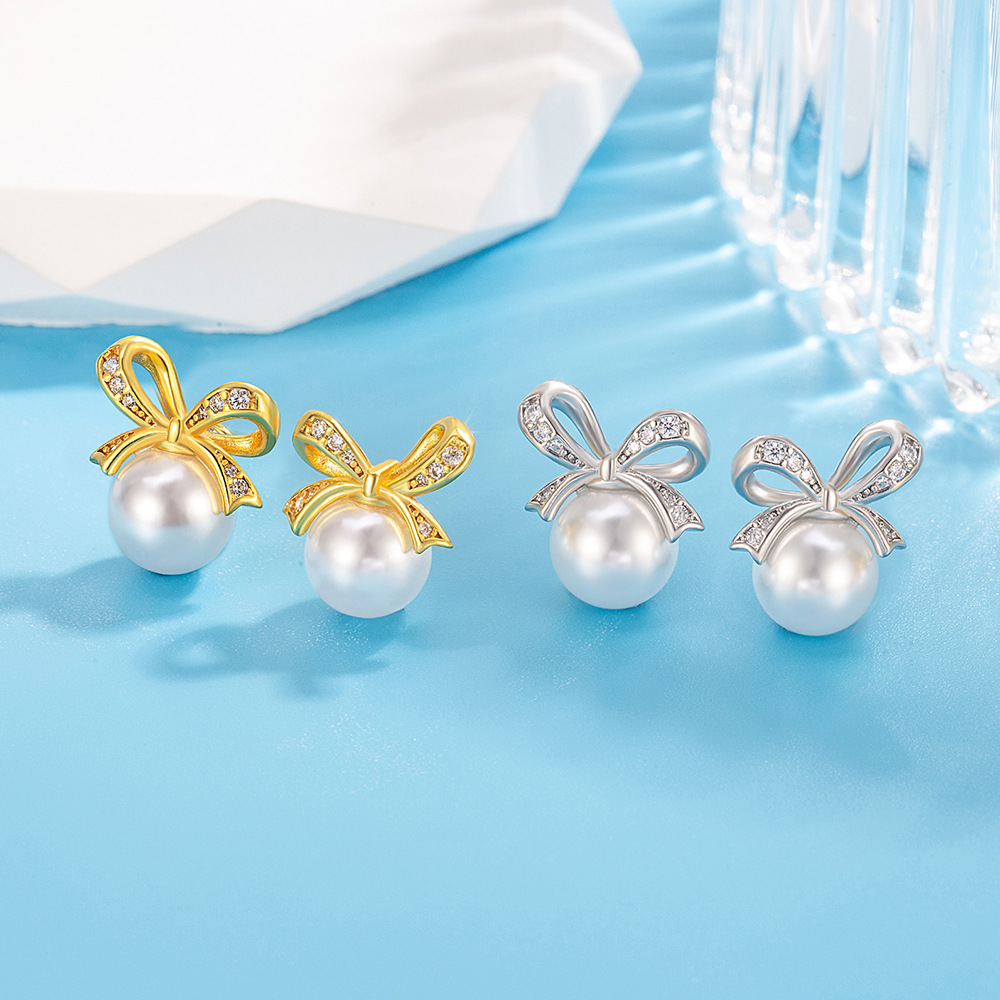 法式复古精致蝴蝶结珍珠耳钉 时尚简约百搭气质耳饰跨境货源批发