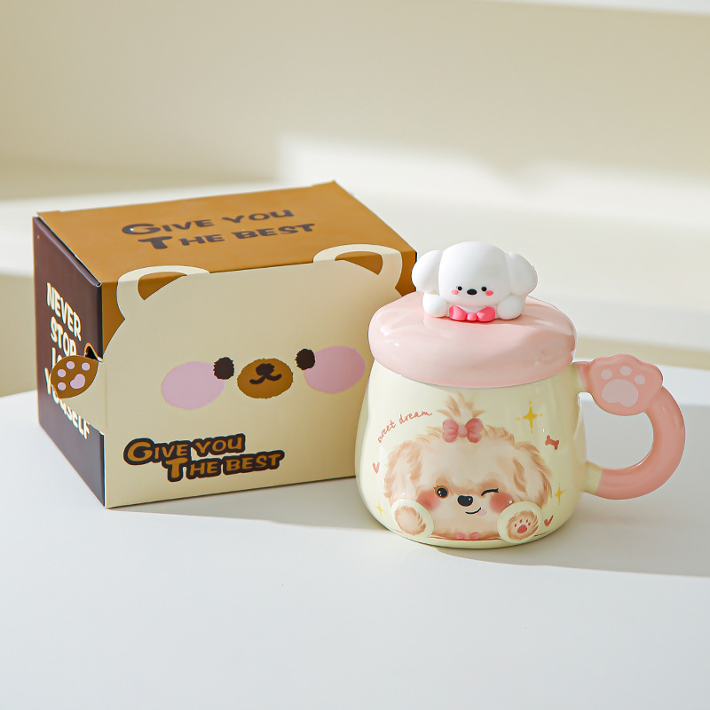 Taza de cerámica de alto valor nominal ins para cachorros con tapa para casa encantadora pareja taza de café para desayuno para acompañantes taza de regalo
