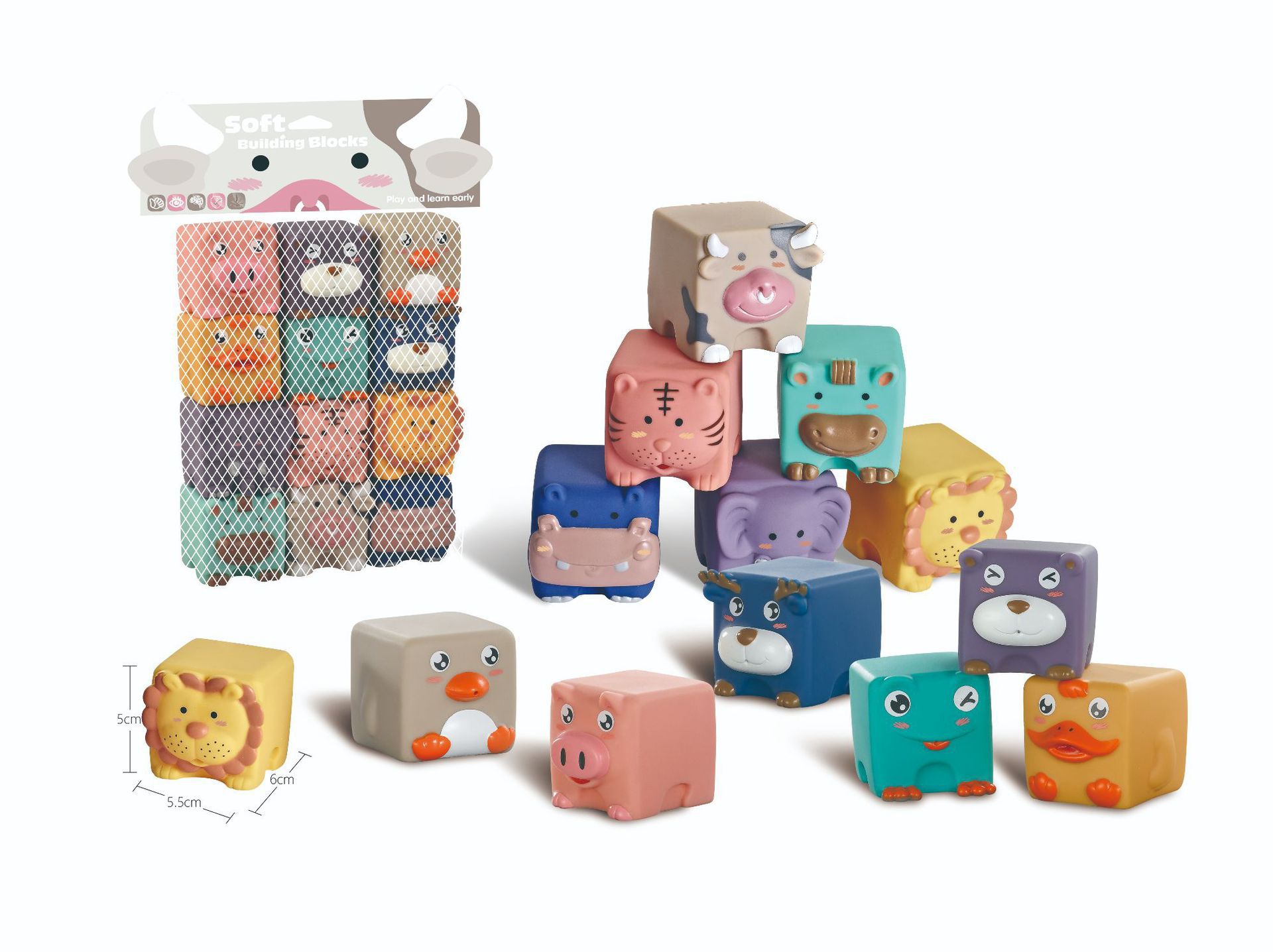 Transfronterizo de exportación de goma blanda bloques de construcción juguetes Infantil Educación Temprana animal color digital cognición montaje de bloques de construcción pellizco música