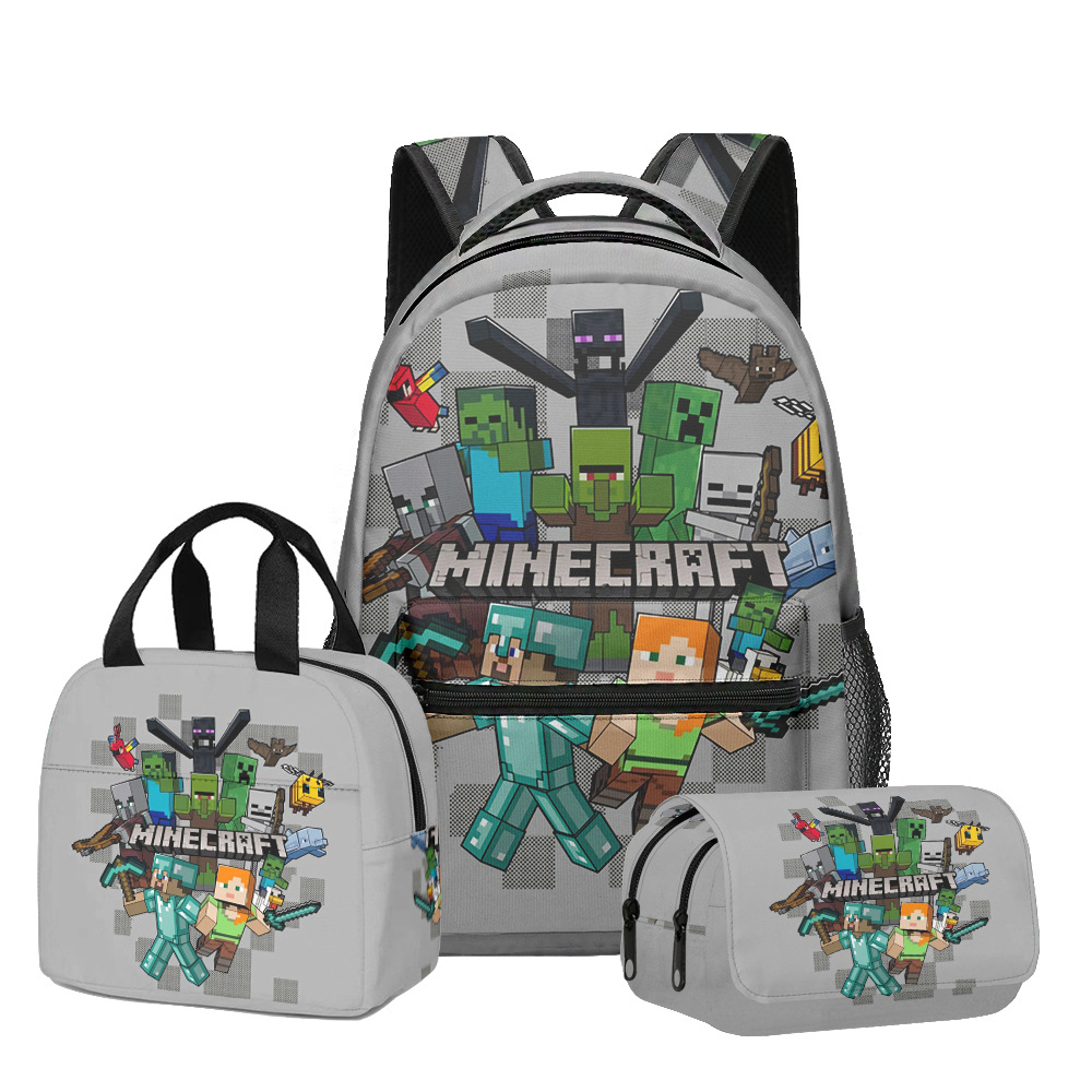 Nuevo producto 3D My World Minecraft mochila de estudiantes de primaria y secundaria bolsa de almuerzo bolsa de bolígrafo doble tres piezas set