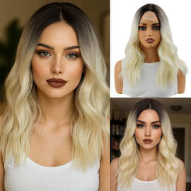 假发女TEMU金色欧美齐肩中分短卷发Fiber小手织non-lace头套批发