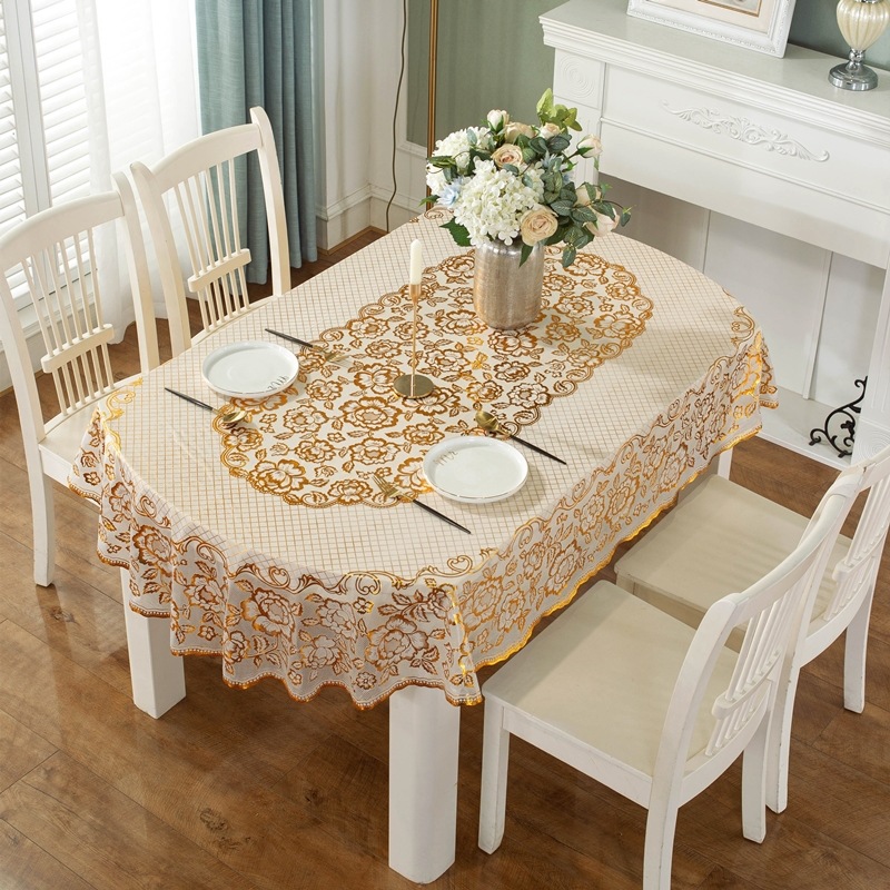 PVC gold foil plastic oval household oil-proof tablecloth wave edge coffee table cover dining table cloth
