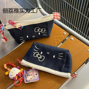 Good-Looking Cute Girl Pencil Case Ins Denim Kitty Large-Capacity Stationery Stationery Box Student Desktop Storage Bag