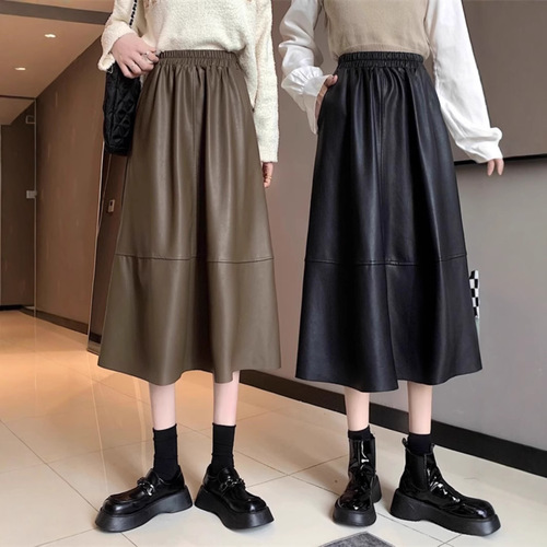 Designers' Black Medium-Length PU Leather Skirt for Women Autumn and Winter Plus Size Heavyset MM High-Waist Slimming Umbrella Skirt Elegant Semi-Body Skirt