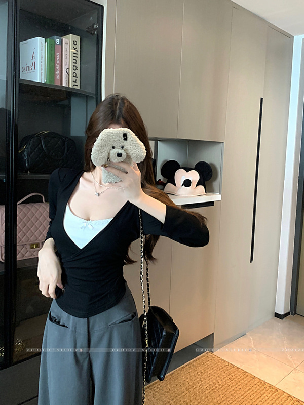 设计感别致假两件撞色长袖T恤女装秋季韩系别致减龄修身显瘦上衣|undefined