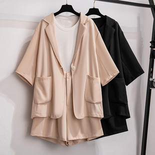 300kg extra large size women's fat mm200 casual suit set loose slim short sleeve shorts two-piece set
