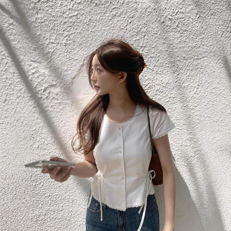 In Stock Pure Color Lace Short-Sleeved Waist Shirt 2025 Summer Women's Korean Style Dongdaemun Design Top