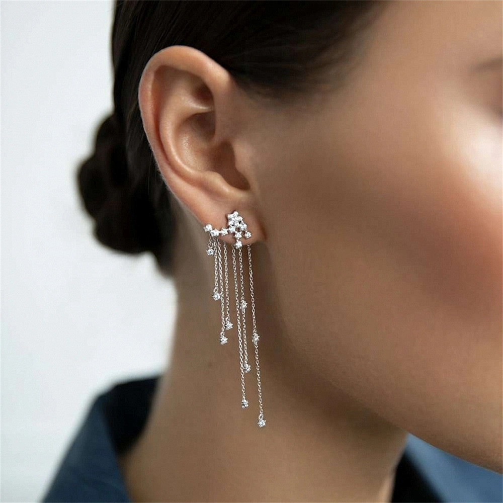 Star, Tassel Pattern 1 Pair 925 Sterling Silver Star Tassel Drop Earrings