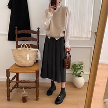 灰色a字百褶半身裙女秋冬学院风高腰遮胯显瘦中长款毛呢裙西装裙