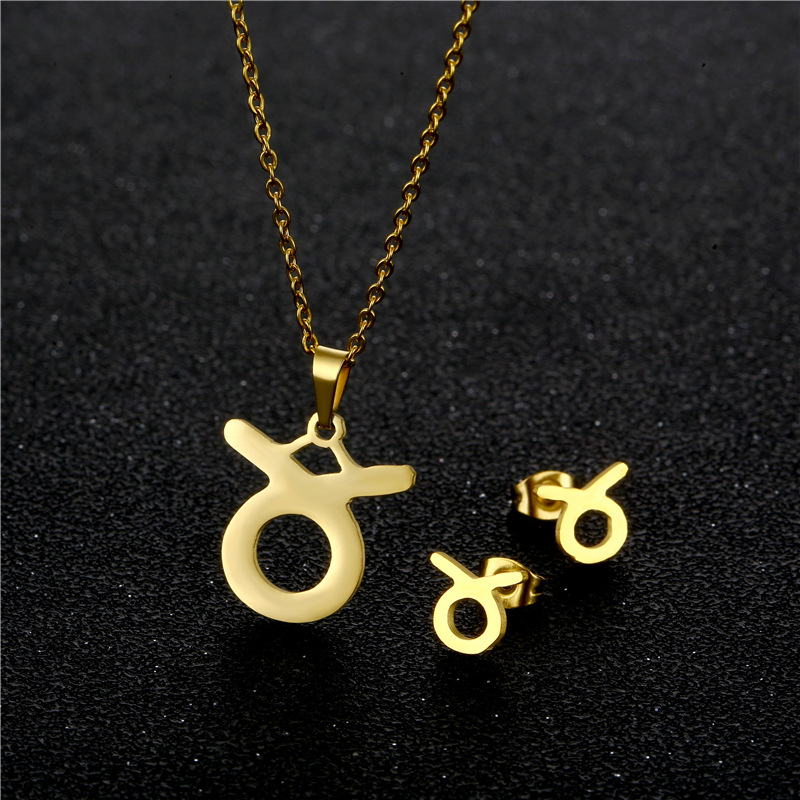 Twelve Constellation Taurus Clavicle Chain Stainless Steel Necklace Earrings Set display picture 1