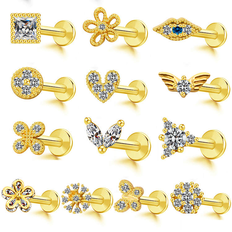 GEBE Stainless Steel Multi-Style Diamond-Inlaid Colorful Heart, Butterfly, and Skull Lip & Ear Bone Studs – Trendy European & American-Style Piercing Jewelry