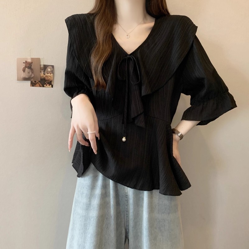 フリル V ネックシフォン半袖シャツ女性の夏の新しい大きいサイズファット mm ルーズお腹カバーシャツフレンチトップ|undefined