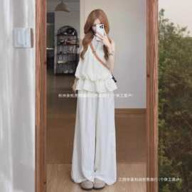 法式温柔白色挂脖上衣女2026夏季新款气质小众无袖背心休闲裤套装
