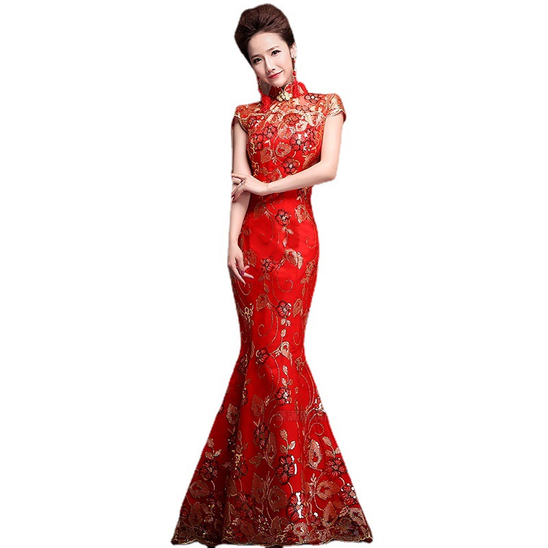 thumbnail image 4 of Vestido de novia para brindis de boda, cheongsam rojo de bienvenida, cola de pez, vestido de coro para actuación en el escenario, vestido de etiqueta largo, 4 of 6