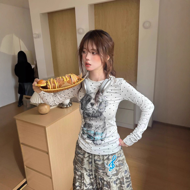 美式复古小狗波点印花修身长袖T恤女生早秋超火减龄百搭别致上衣|undefined