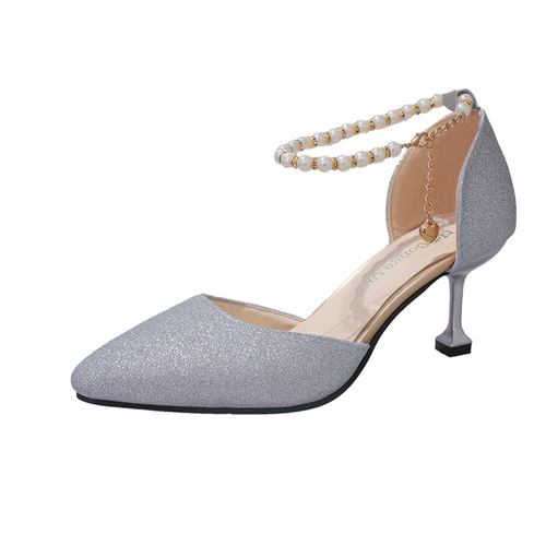 New wine glasses and single shoes 2024 summer beaded lady sandals with one-piece buckle hollow high heels pointed toe bridesmaid shoes