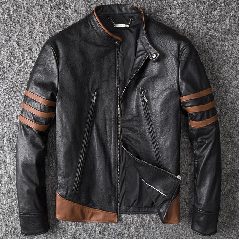 Men's Short Leather Jacket for Spring and Autumn, Wolverine Style Sheepskin Motorcycle Jacket, Thin Trendy Outerwear