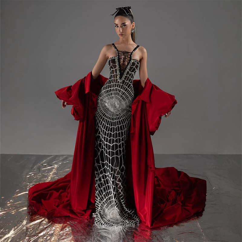 Black Sexy Backless V Strap Diamond Grid Slim-fit Long Floor-length dress Gown
