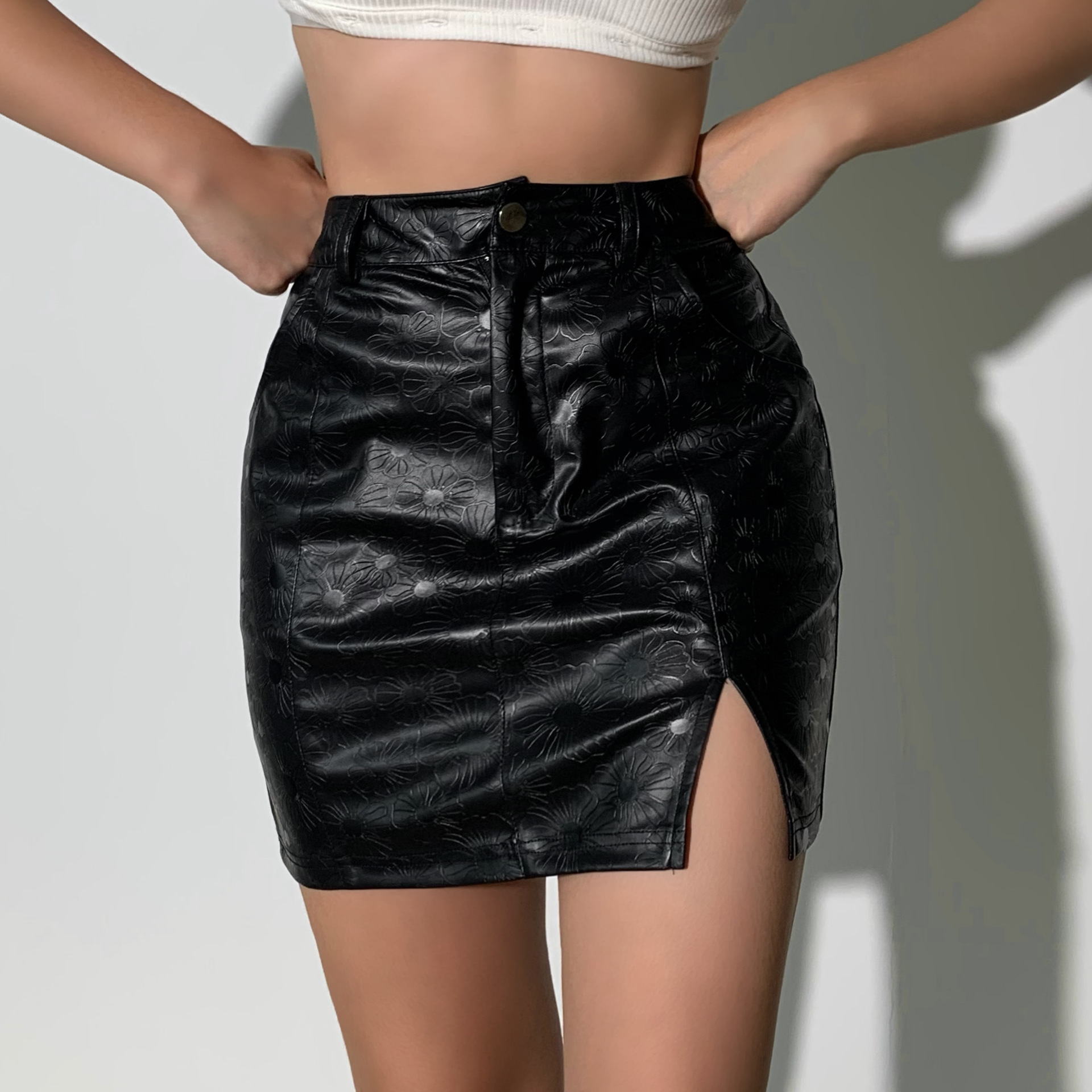 women s PU leather slim slit printed skirt nihaostyles clothing wholesale NSFLY77664