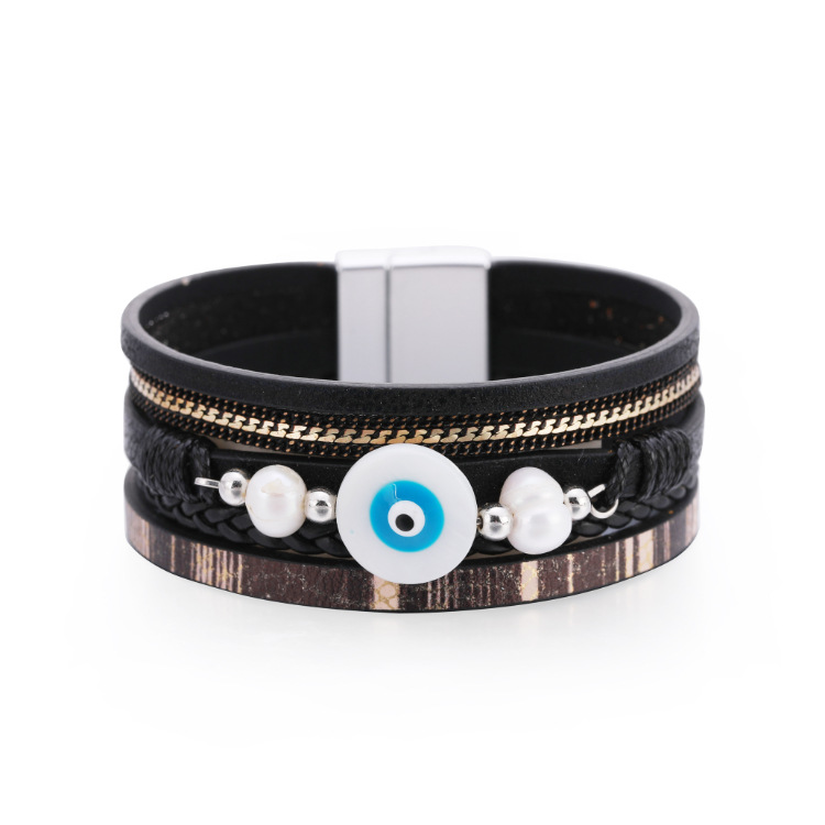 Bohemian multi-layer woven devilu0027s eye pearl leather bracelet