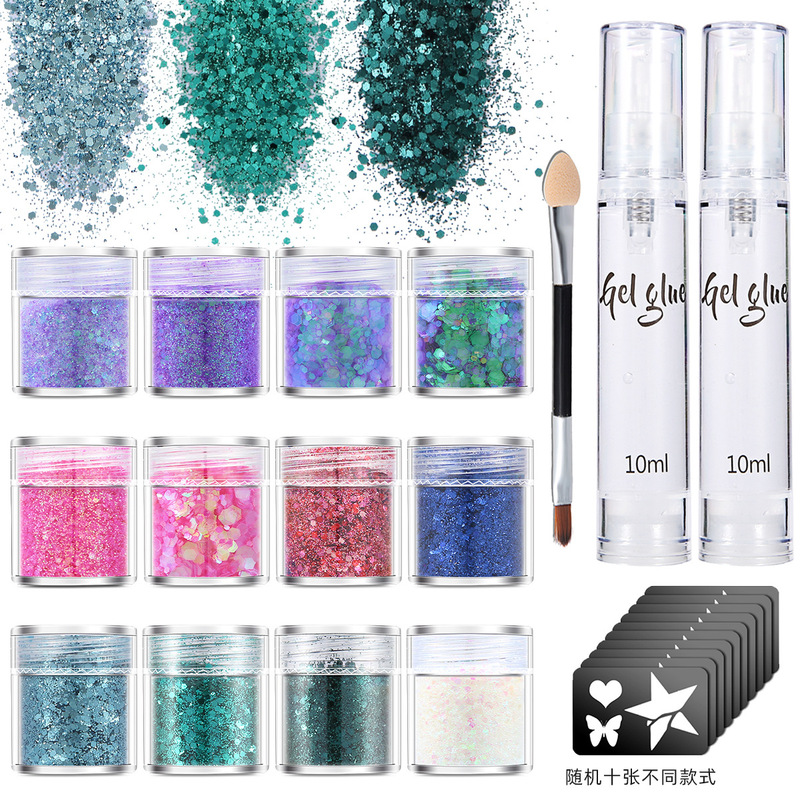 Amazon explodes 12 color glitter sequins + gel tattoo glue set glitter gel set glitter powder nail polish gel material
