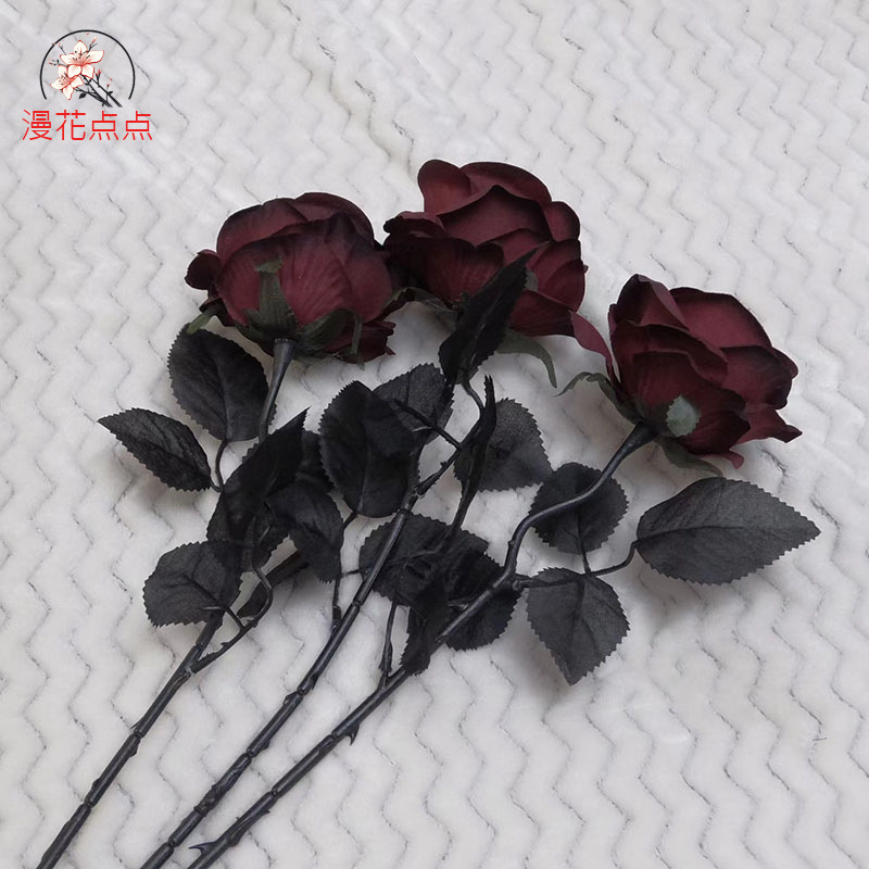 Dark Rose Fake Flower Silk Flower Halloween Party Dark Artificial Flower Interior Decoration Props Gothic Rose