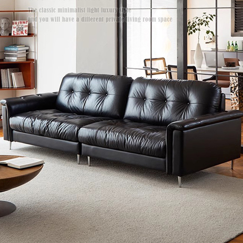 Living Room Small Apartment Black Oil Wax Nebula Sofa Retro Bauhaus Designer Antique Leather Sofa