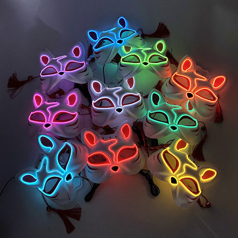 發光LED面具日本狐狸面具狂熱服裝動漫半臉貓面具偽裝節日派對角