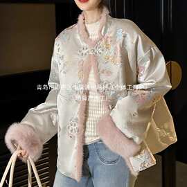 2024新款秋冬新中式复古国风缎面刺绣拼接水貂毛外套女感上衣