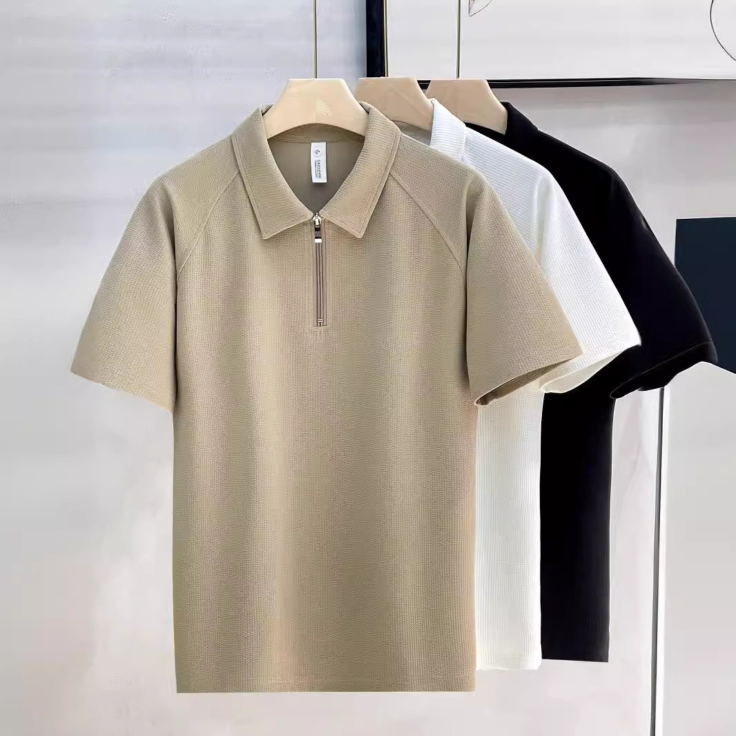 Japanese Summer New Heavy Short-sleeved POLO Shirt Men's American Style Loose Casual Zipper Half-sleeved Lapel T-shirt Top