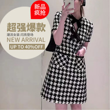 春季新款小香风千鸟格蝴蝶结短袖连衣裙女气质显瘦短裙