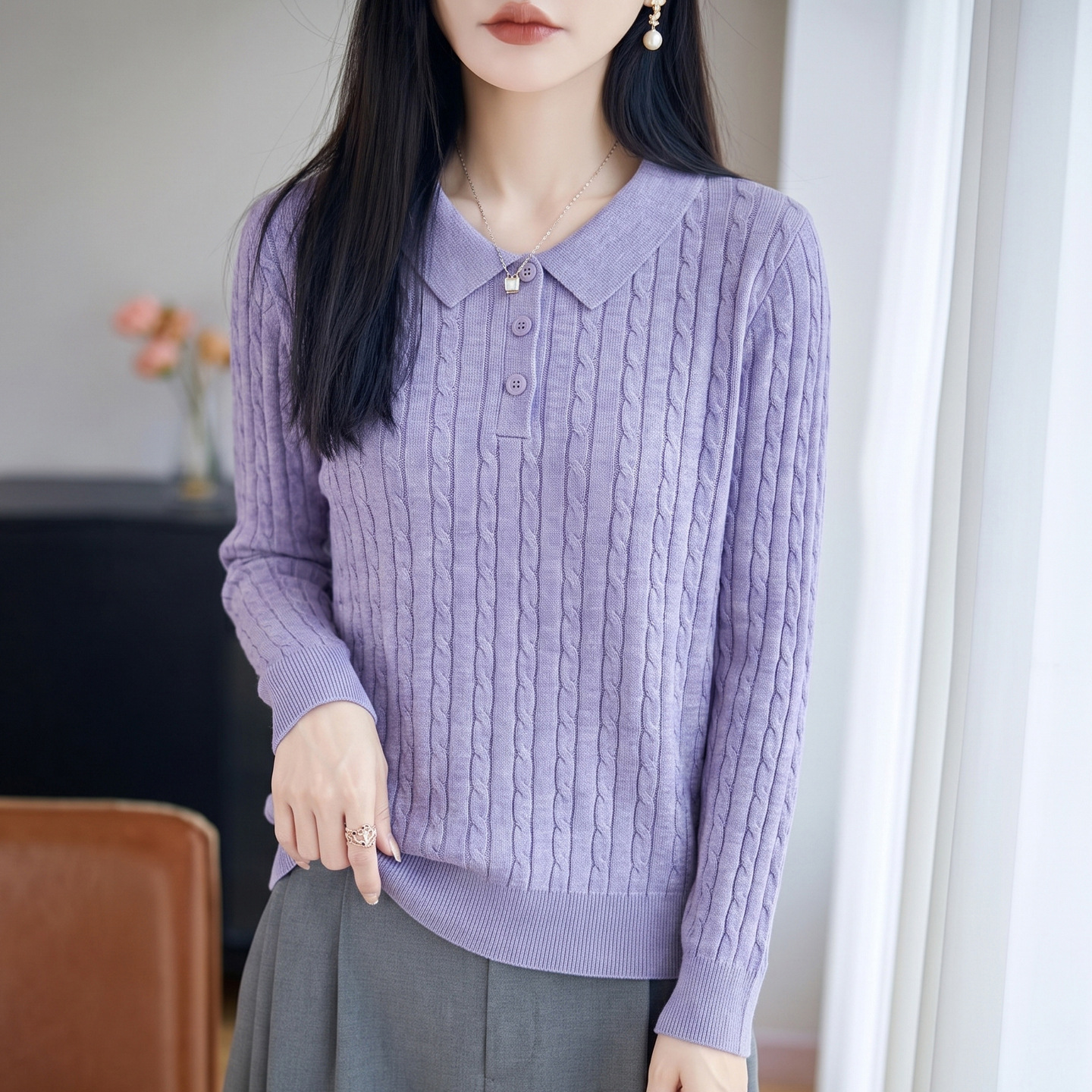 秋冬新款POLO领长袖针织衫女复古麻花打底气质休闲上衣女装批发