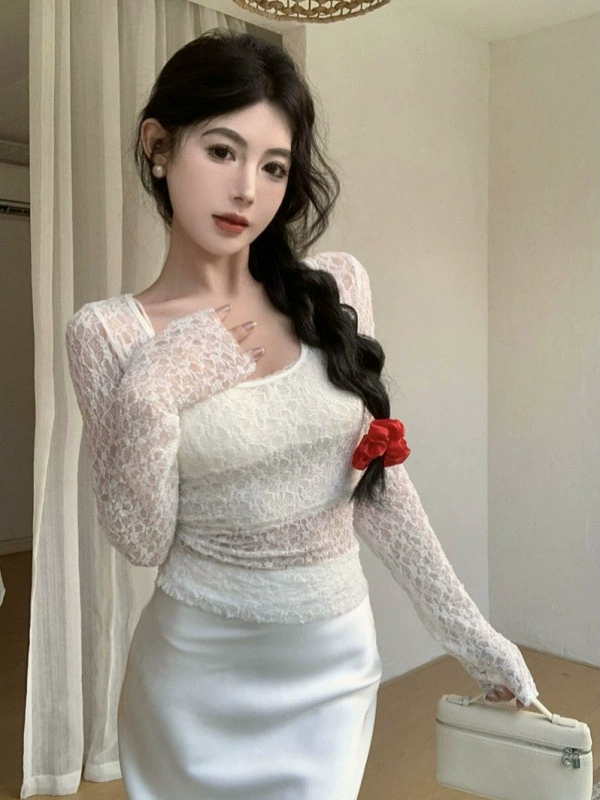 Кружевной топ U-образный (Hot Girl Xi) ретро крючковая эластичная длинный рукав, двусторонний, one size