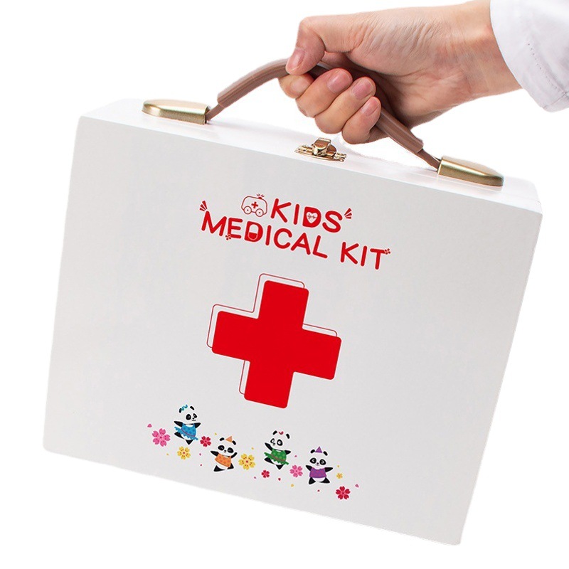 Traje de madera educación temprana herramientas educativas caja médica inyección niños jugar casa estetoscopio simulación médico juguete