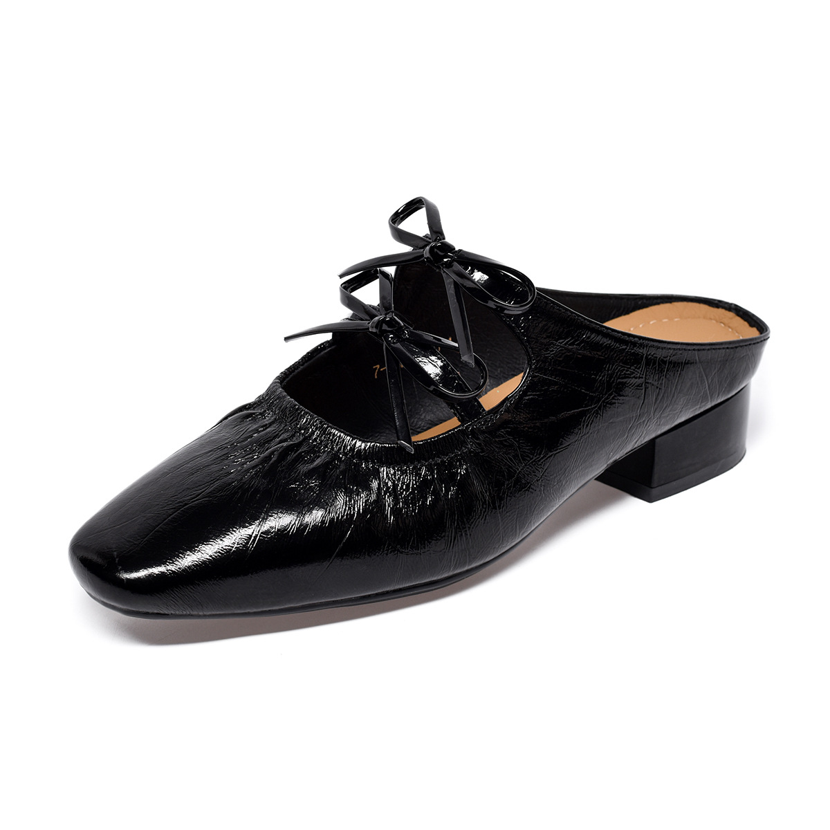 Giày mules nữ da thật mũi vuông gót dày, đế thấp dễ mang — đen