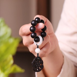 Natural Ebony Hand-Twisted Fingertip Toy with White Jade Bodhi Running Ring and Lotus Root Slices, Small Hand-Twisted Ebony Buddha Beads Handle Piece