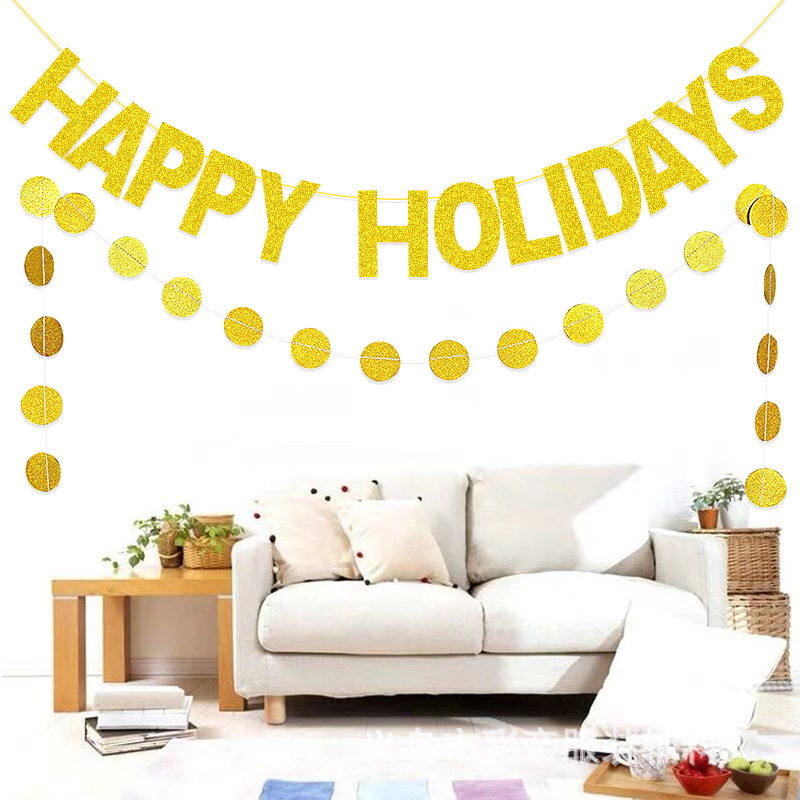 Fiesta de Navidad decoración cadena bandera tire de la bandera felices vacaciones brillo guirnalda carta redonda guirnalda