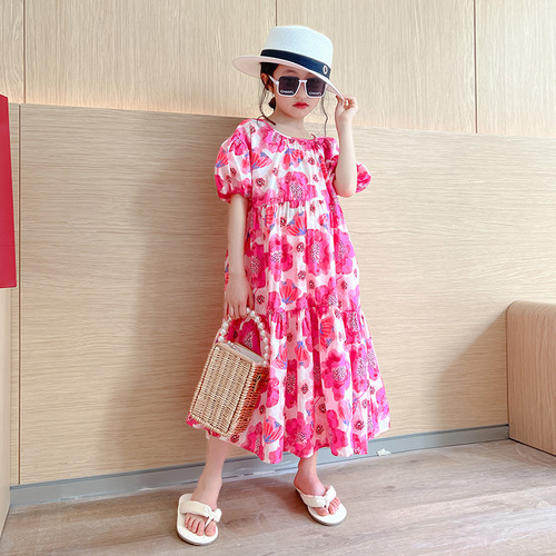 Girls Dress Summer Thin Cotton Skirt Children's Casual Princess Dress Cute Flower Puff Sleeve Long Skirt