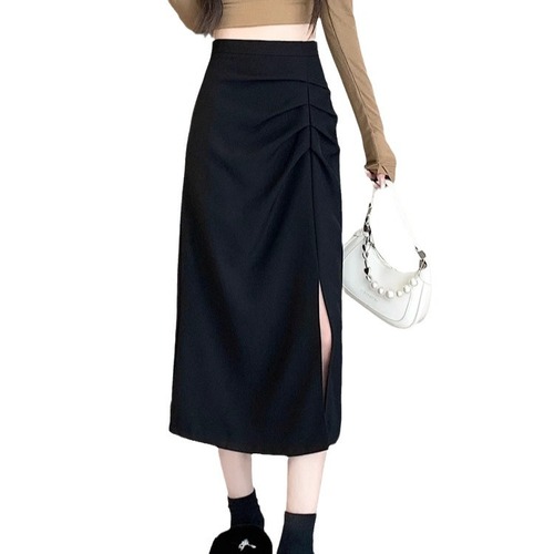 Women's Summer New High-Waisted Medium-Length Pleated Side-Slit French Hepburn Style A-Line Bodycon One-Step Skirt