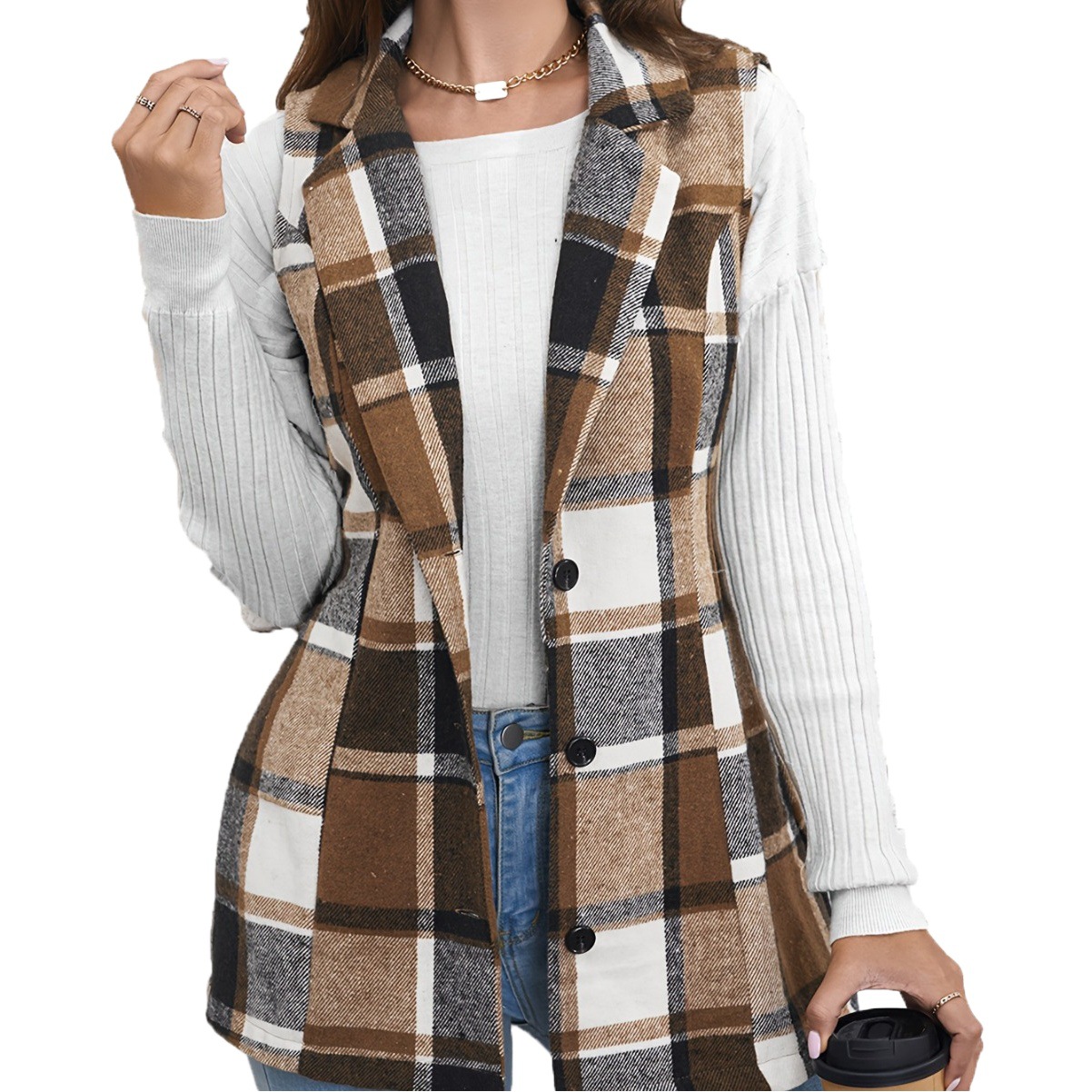 Amazon primavera, otoño e invierno transfronteriza Top de las mujeres de moda europea y americana traje de solapa de las mujeres chaleco abrigo a cuadros